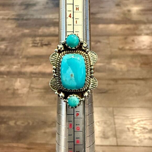 Unique Kingman Turquoise 3 Stone Ring Southwestern Sterling Silver Framed - Picture 1 of 6